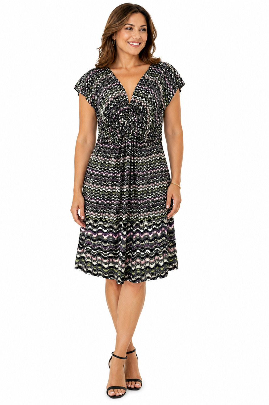 Max Studio Womens Purple Gray Print V-Neck Jersey Knit Stretch Dress sz M